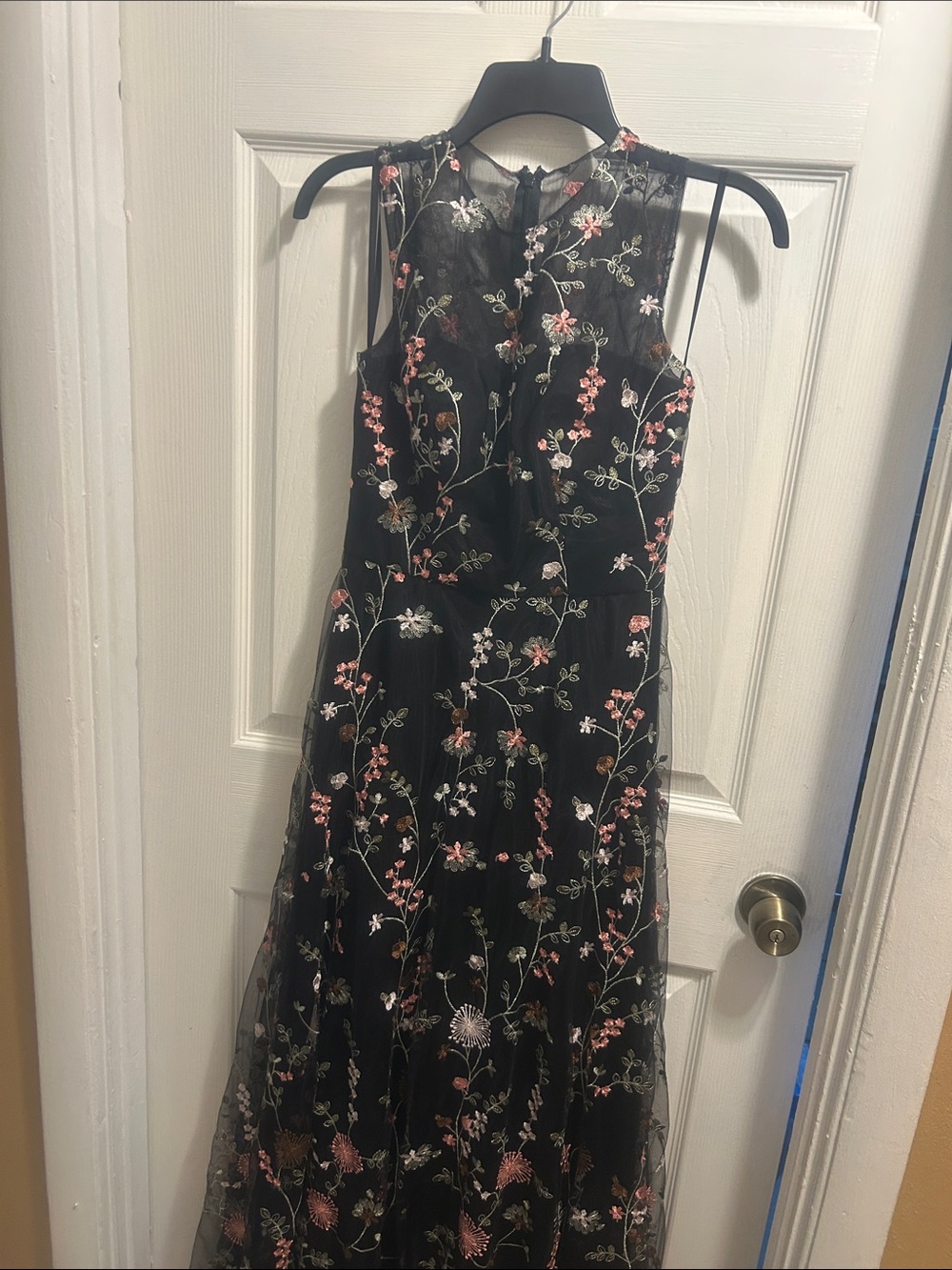 Rene Ruiz Black Sheer Maxi Dress with Pink & White Floral Embroidery